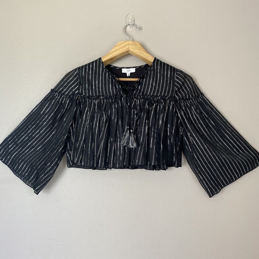 NSR Napean Black Metallic Stripe Tassel Tie Front Ruffle Crop Top Women Size M